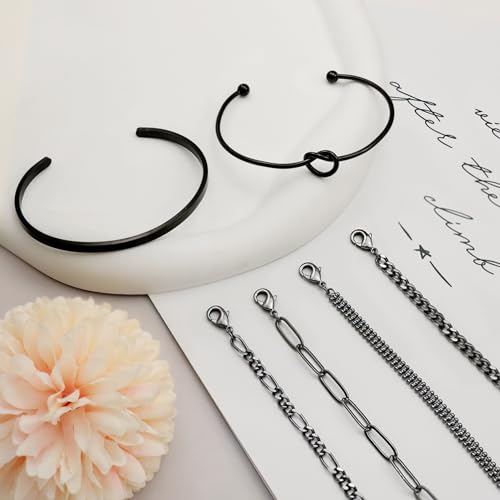 14K Real Gold Plated Cuff Bracelet Bangle Jewelry Set Stackable Trendy Dainty Love Heart Knot Infinity Beaded Ball Paperclip Chain Minimalist Bracelet,6 styles3