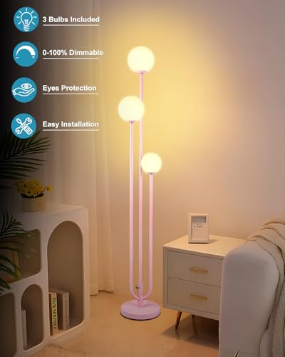 Image of Lightdot 63IN Pink Floor Lamp Mid Century Modern Floor Lamp with 3 Globe 3000K Bulbs Included, 3 Lights U-Style Standing Lamp for Wedding Party /Living Room /Bedroom /Sofa Beside /Corner Decor