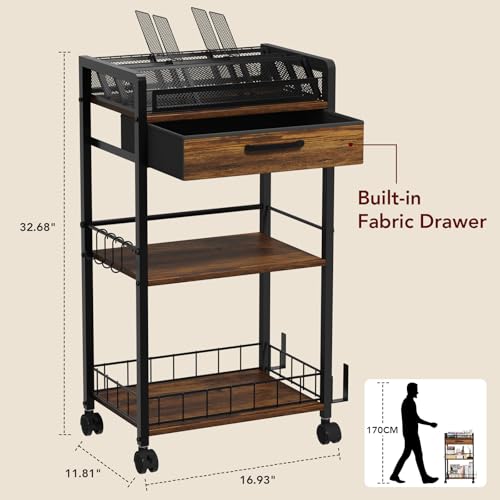 image for Homsorout 3 Tier Rolling Cart - Metal Utility Cart with Storage Drawer