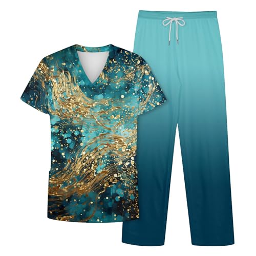 Scrubs Set for Women Nurse Uniform Jogger Suit V-Neck Top & Tapered Leg Jogger Pants Scrub Tops and Scrub Pants（4-Light Blue,X-Large）