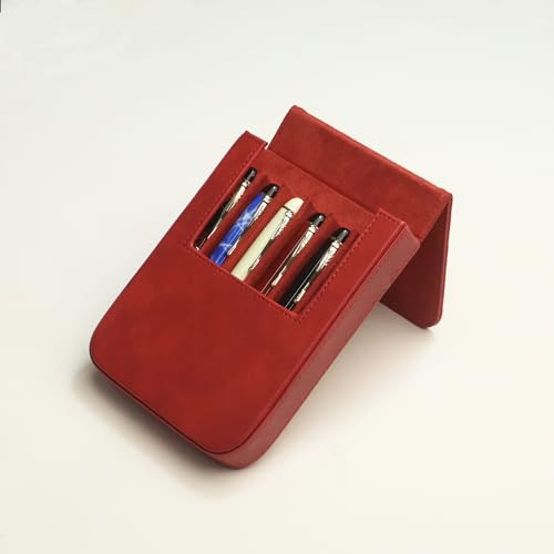Image of 6Slots Leather Fountain Pen Case Collector Organizer - Handmade Pen Case Vintage Crazy Horse Print Leather Pen Protective Sleeve Cover Pen Storage Gift Box (6slot-Red)