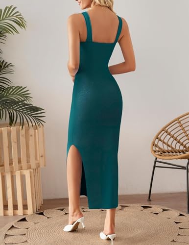 ZESICA Womens 2025 Summer Casual Square Neck Bodycon Midi Dresses Spring Sleeveless Side Slit Knit Beach Vacation Long Dress,Green,Small — view 4