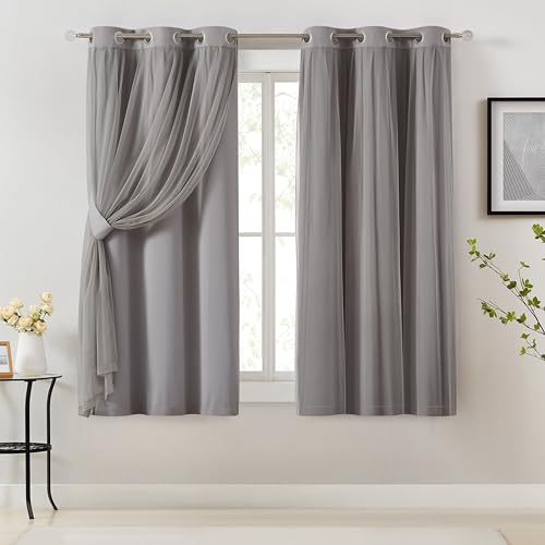 Image of Bujasso Grey 90% Blackout Curtains with Sheer Overlay Mix and Match Double Layer Window Curtains Thermal Insulated 63 inch for Living Room Bedroom Gray Drapes with Tiebacks Grommet Top 37 inch Wx63 Lx2