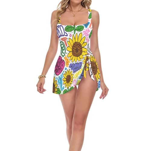 Maillot de bain femme motif tournesols à bretelles larges pour piscine et plage