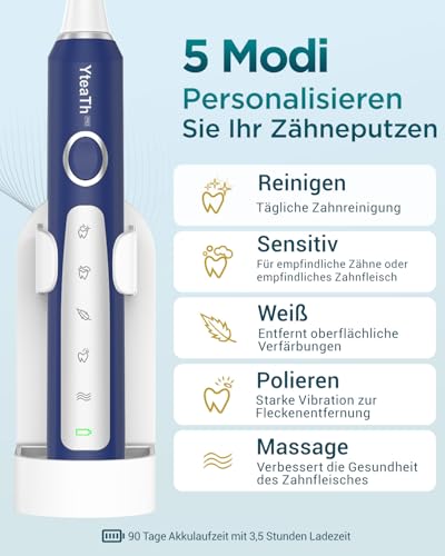 Elektrische Schallzahnbürste für Herren – Schallzahnbürste für Erwachsene mit 8 Bürstenköpfen und Reiseetui, 5 Modi, wasserdicht nach IPX7, wiederaufladbare elektrische Reisezahnbürste, blau – Bild 5