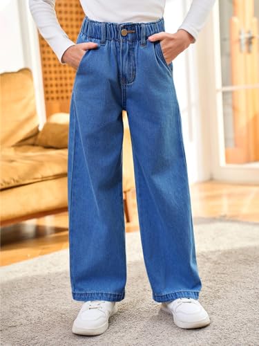 Haloumoning Girls Wide Leg Jeans Kids Elastic Waist Casual Demin Pants with Pockets 5-14 Years4