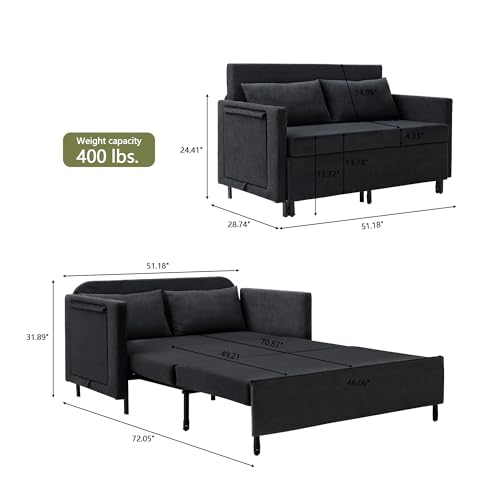 Image of QHITTY Pull Out Couch Bed, 2-in-1 Sleeper Sofa Small Loveseat Bed with Hidden Side Table and Iron Frame for Living Room, Small Space, Apartment (Black)