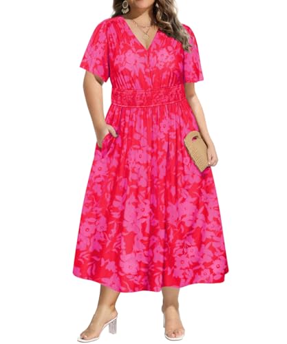 CARCOS Plus Size Summer Dresses for Curvy Women V Neck Short Sleeve Hot Pink Floral Maxi Dress 3X Smocked Elastic High Waist Boho Dress Flowy Cocktail Dress with Pockets 3XL 22W 24W