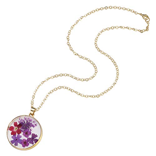 FM FM42 Gold-tone Multi-Colored Pressed Flower Round Pendant Necklace with 17.7" Chain3