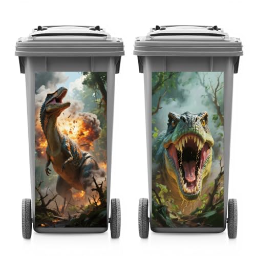 ANATTASOUL 2 Sheets Animal Wheelie Bin Stickers Dinosaur and Forest Waterproof Dustbin Covers Decor, 14.9x 32.2 Adhesive Large Funny Decal for Bins, Fridge, Wall, Garden Outdoor, Indoor Decoration