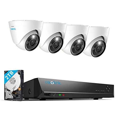 Reolink 12MP PoE Überwachungskamera Set Aussen, 8-Kanal NVR mit 2TB HDD für 24/7 Aufzeichnung und 4X Dome IP Kameras mit Personen-/Fahrzeugerkennung, 2-Wege-Audio, Spotlights, RLK8-1200D4-A
