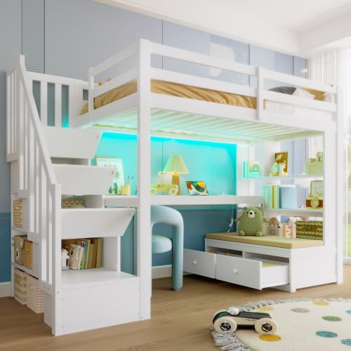 Merax 90x200 Hochbett mit Schreibtisch, Regalen & Stauraumtreppe, Weiß – Kinderhochbett mit LED-Beleuchtung, 2 Schubladen, Multifunktionales Design für Kinderzimmer