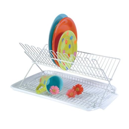 Better Houseware 34880 Folding Dish Drying Rack and Drain Board 2-Piece Set, 18" x 12.25" x 10.75" Tall - Air Dry Plates on Countertop, White Coated Steel Plate Drying Rack Folds Flat for Storage