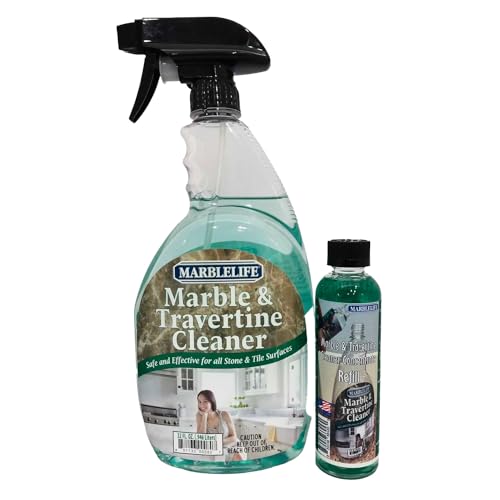Marblelife Marble & Travertine Cleaner Kit, Ready-to-Use 32 oz Spray Cleaner + 4 oz Concentrate Refill, Powerful Stone Safe Marble Cleaner & Degreaser, Effective Natural Stone Cleaner