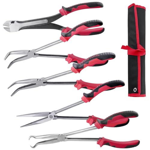 LEONTOOL 5PCS 11 Inch Extra Long Needle Nose Pliers Set, Long Reach Straight, 45 & 90 Bent, Circle, Diagonal Pliers for Narrow Spaces