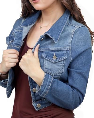 Juicy Trendz Women's Short Denim Jacket Lightweight Long sleeve, Button Down, Stretch Fabric, Cropped Jean Jacket3