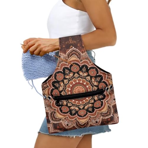 Image of ZUXONGSY Mandala Flower Crochet Yarn Bag for Women Retro Floral Knitting Tote Bag for on The Go Travel Portable Knitting Project HanbBag for Crochet Hooks