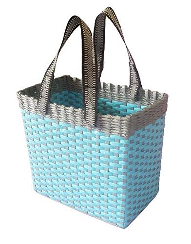 PAPERUS Sonas Creation, Sky Blue & Grey, Lunch Bag for Office, Tiffin Basket, Picnic Basket, Handbag for Lunchbox, Eco-Friendly, Handmade, of Paper Ropes, 11” Tall, 12“ Length, 7” Wide Base in Inches