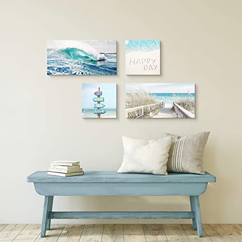 Coastal Canvas Beach Wall Art: 4 Piece Seascape Pathway Painting Surf Ocean Artwork Relax Seaside Street Sign Picture Summer Scenery Holiday Prints for Office Bedroom Bathroom Living Room - Image 3