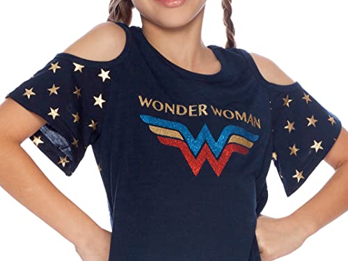 DC Comics Girls' Little Wonder Woman Cold Shoulder Glitter Nightgown, Navy, 6/6X2