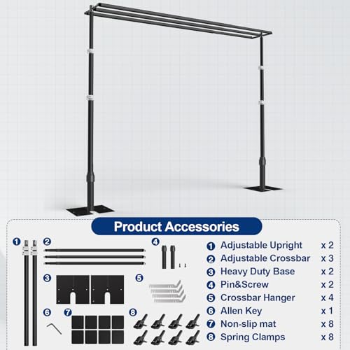 Image of EMART Backdrop Stand Heavy Duty 9.8x10Ft,Three Crossbar Pipe and Drape Photo Background Support Kit, Adjustable Metal Frame with Flat Base for Wedding Birthday Party Decorations-Black