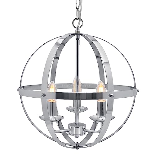Long Life Lamp Company Industrial 3 Light Globe Pendant Light Chrome Chained Lantern Ceiling Chandelier Hanging Light Fixture H3090