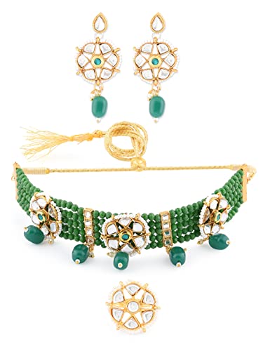 ZAVERI PEARLS Green Multistrand Beaded Kundan Choker Necklace Earring & Ring Set For Women-ZPFK11005 Deal