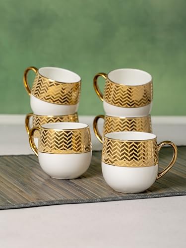 Image of Clay Craft Fine Ceramic Tea & Coffee Cups Set of 6| 200 Ml Designer Cups with Gold Handle & Elegant Pattern | Ideal for Home| Guests & Gifting
