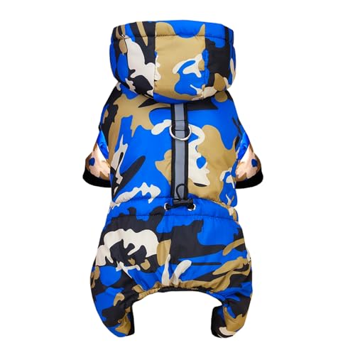 Izefia Dog Coat Pet Apparel Jumpsuit Windproof Cold Weather Coat 4 Legs Camouflage Jacket Warm Winter Thick Clothes Snow Proof Coat Cotton Dog Coat for Small Dog Medium Dog Cat Blue M