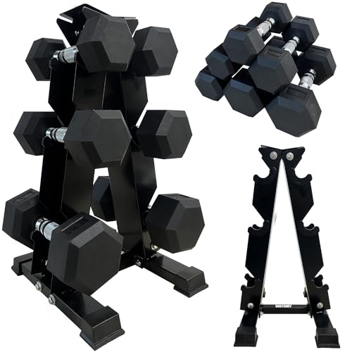 Fitness, Sports WAYAMY Set 6 Mancuernas Hexagonales con Rack en A (5LB, 10LB, 15LB), Mancuerna Hexagonal con Revestimiento de Goma