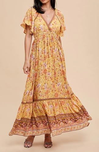 Image of R.Vivimos Women's Summer V Neck Maxi Dress Boho Floral Print Short Sleeve Elastic Waist Ruffle Patchwork A-Line Beach Dress