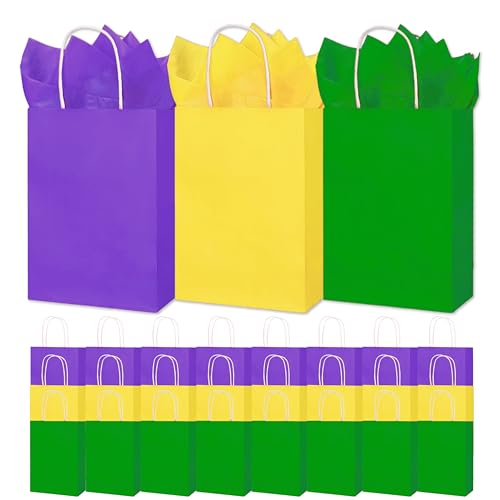 Mezeathos 24 Pcs Carnival Gift Bags with Handles and Tissue Paper Purple Yellow Green Party Favor Bags Candy Treat Bags for Carnival Holiday Birthday Party Supplies