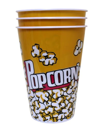 Image of Dependable Industries inc. Essentials 3-Pack Retro Style Plastic Popcorn Containers - 7 inch Tall x 5 inch Top Diameter - Reusable Popcorn Buckets for Movie Nights, Parties, and Snack Time (46198-C)