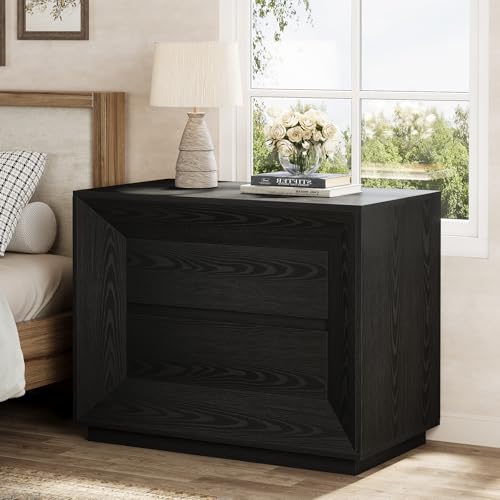 Image of Tribesigns Nightstand, Large Night Stand with 2 Drawers, Oversized Nightstand Bedside Table Sofa End Table for Bedroom, Black