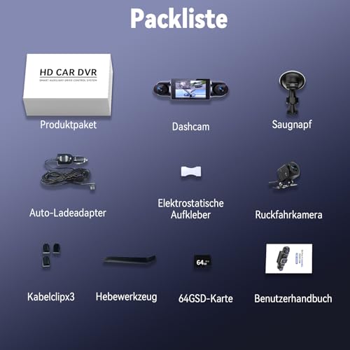 360° Dashcam Auto Vorne Hinten 4 Kanal Dash Cam Auto Kamera FHD 2K+1080Px3,4×140° Weitwinkel,WDR-Nachtsicht (8 IR-LEDs), 3\ IPS Display,G-Sensor,24/7 Parkmodus,Loop-Aufnahme, inkl. 64GB SD-Karte, App