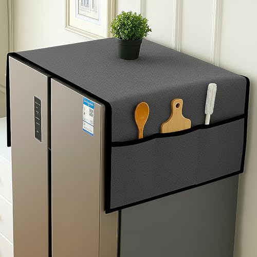 Image of Refrigerator Cover Double Door Waterproof, Dustproof, Refrigerator Top Cover, Protective Covers for Fridges with Extra Storage Space Nylon Top Fridge cover with 6 Storage Pockets ( Grey, 170 x 65 cm )