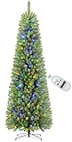 SHareconn 6ft Premium Prelit Artificial Slim Pencil Spruce Christmas Tree with Remote Control, 240 Warm White & Multi-Color Lights, Full Branch Tips, First Choice Decorations for Xmas, 6 FT, Green