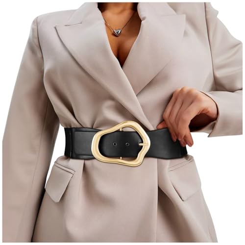 XZQTIVE Women Wide Elastic Waist Belt for Dresses Fashion Big Gold Buckle Stretchy Leather Waistband for Ladies, Black, 110cm