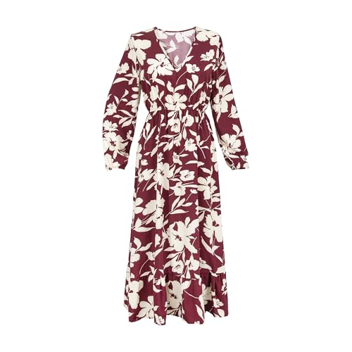Women's Long Sleeved Bohemian Style Mid Length Dress V-Neck Floral Print Elegant and Casual A-Line Flowing Party Dresses