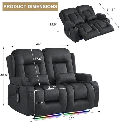 Image of URRED Power Loveseat Recliner Sofa with Massage and Heat, Wall Hugger Reclining Loveseat, RV Couch Home Theater Seating with LED Lights for Living Room (Dark Grey, 54 inch - 2 Seats)