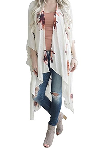 Geckatte Womens Floral Print 3 4 Sleeve Cardigan Kimono Capes Beach Cover Up Tops (White, s)