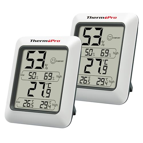 ThermoPro TP50 Digitales Hygrometer, Innen-Thermometer, Raumthermometer und Feuchtigkeitsanzeige, mit Feuchtigkeits- und Temperaturmonitor, 2 Stück