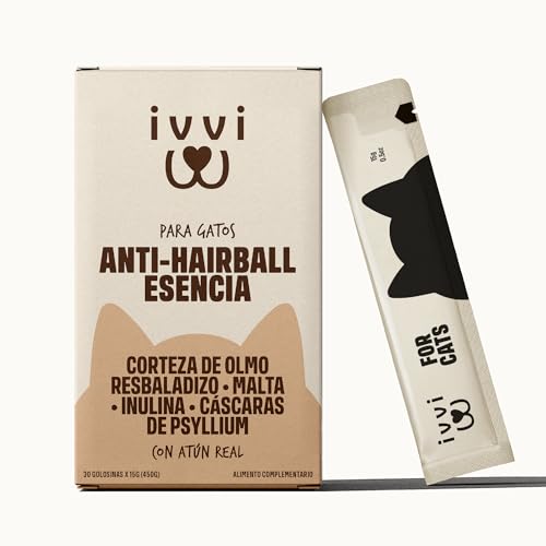 ivvi Anti-Hairball Esencia para Gatos – Crema Funcional con Malta, Olmo Rojo, inulina y psyllium – Ayuda a Eliminar Bolas de Pelo – 30x15g – con atún Real