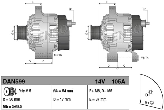 DENSO Alternator - DAN599 - OE Number: 51859039