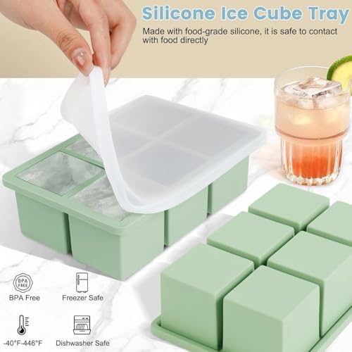 Image of Ice Cube Molds with Lid,Big Silicone Ice Cube Tray for Whiskey,2Inch Square Ice Cube Tray,Easy-Release Ice Mold,Giant Ice Cubes for Bourbon Cocktail (2, Green)