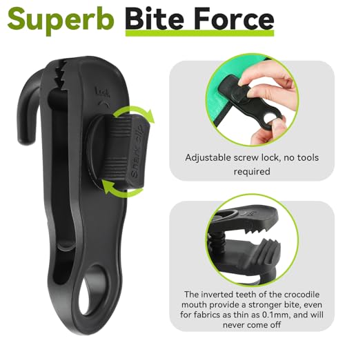 30 Stück Tarp Clips Set, Planenspanner Planenbefestigung mit 10 Zelt Bungees Schnüre und 10 Karabiner Clips, Haiförmige Planenclips, Tarp Clip Clamp für Zelte, Vordächer, Wohnmobil – Bild 6