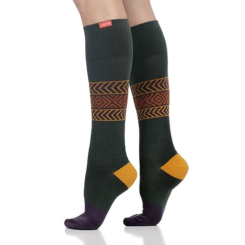 VIM & VIGR Merino Wool 20-30 mmHg Graduated Compression Socks (Green & Eggplant Carlton Stripe, Large/X-Large Wide Calf (6))