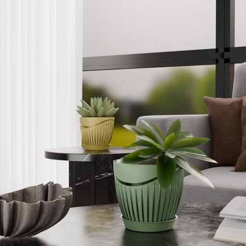 Image of ELUVIA Plastic Plant Pots with Drainage Holes and Trays - Set of 5 (6 Inch) - Minimalist Decorative Indoor Flower Pots for Living Room, Balcony & Office Garden (Multi-Color)