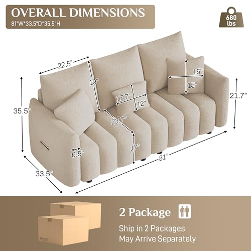 Image of OUYESSIR 81 inch Modern Sofa Couch, Comfy Upholstered Teddy Deep Seat Boucle Sofa, Modern 3-Seater Cloud Couch, Oversized Loveseat for Living Room Office Apartment, Light Brown