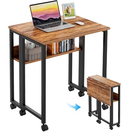 Image of GreenForest Folding Desk with Wheels, 24.8 Inch Compact Rolling Computer Table with Storage Shelf, Portable Mobile Workstation for Small Spaces, Easy Assembly,Walnut